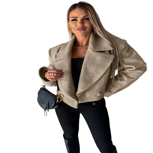 Galindos Fashion light brown cropped wool-style coat with oversized collar and long sleeves